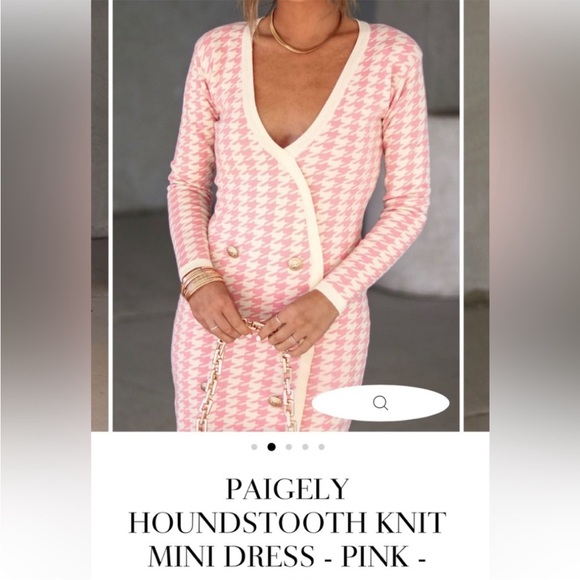 Vici White and Pink Houndstooth Mini Dress with Long Sleeve - Picture 3 of 8